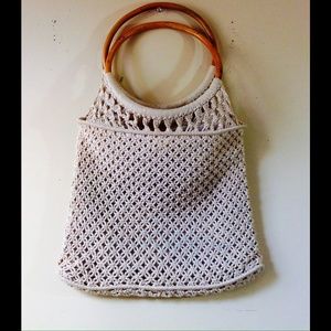 Vintage Handmade Cream Crochet Handbag Wood Handle